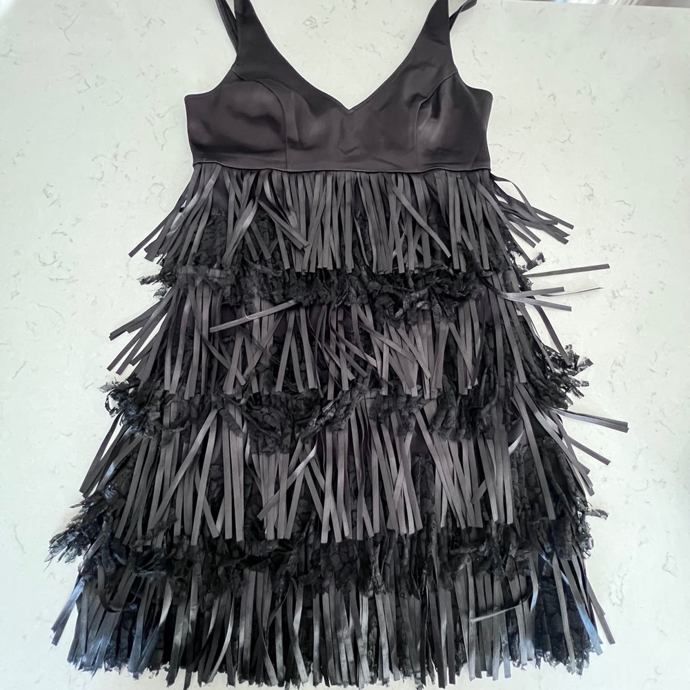 Black Fringe Dress Lace Western Glam Cocktail Party Maria Bianca Nero L